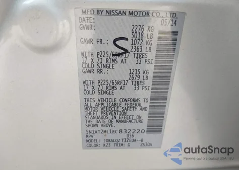 2014 Nissan Rogue Sv from USA, damaged, VIN 5N1AT2ML1EC832220